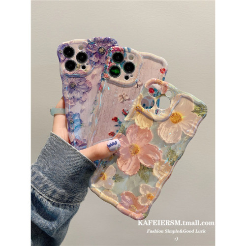 適用高級感藝術油畫花朵15promax手機殼蘋果14女16pro矽膠11藍光