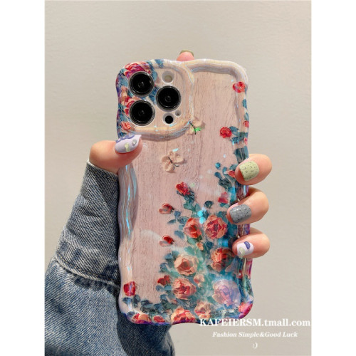 適用高級感藝術油畫花朵15promax手機殼蘋果14女16pro矽膠11藍光