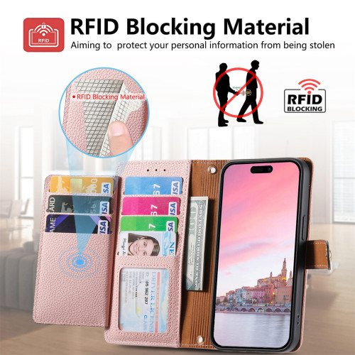 適用iPhone17E愛心皮套PU荔枝紋RFID三星S26防盜刷掛繩手機殼