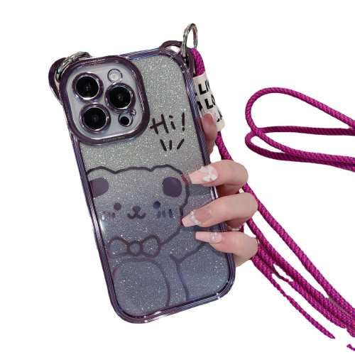 斜背適用iPhone16手機殼蘋果13PM可愛熊閃粉15pro電鍍12全包14女 斜背適用iPhone16手機殼蘋果13PM可愛熊閃粉15pro電鍍12全包14女