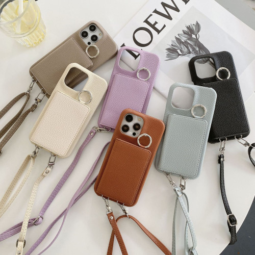 適用iPhone16手機殼蘋果15promax荔枝紋左右開美妝鏡子掛繩手機殼