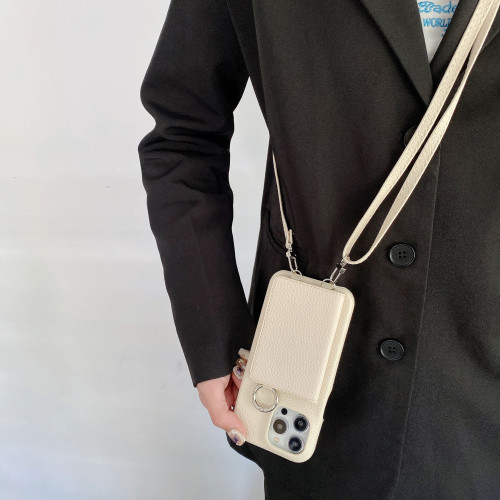 適用iPhone16手機殼蘋果15promax荔枝紋左右開美妝鏡子掛繩手機殼