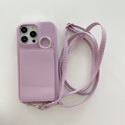 適用iPhone16手機殼蘋果15promax荔枝紋左右開美妝鏡子掛繩手機殼