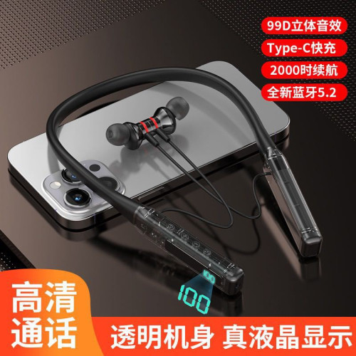 新品透明數顯藍牙耳機大電量掛脖藍牙耳機可插TF卡超長續航