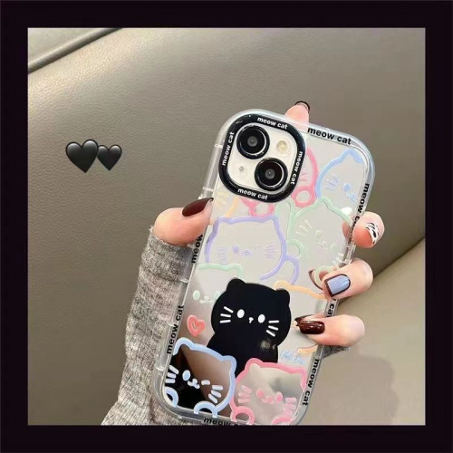 線條貓化妝鏡蘋果16/15/14/13手機殼iPhoneXSMAX/XR潮7P/8p女款
