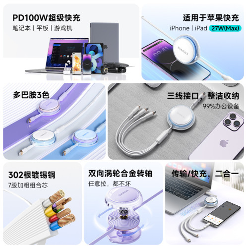 羅馬仕一拖三充電線PD100W適用蘋果華爲筆電數據線三合一快充線