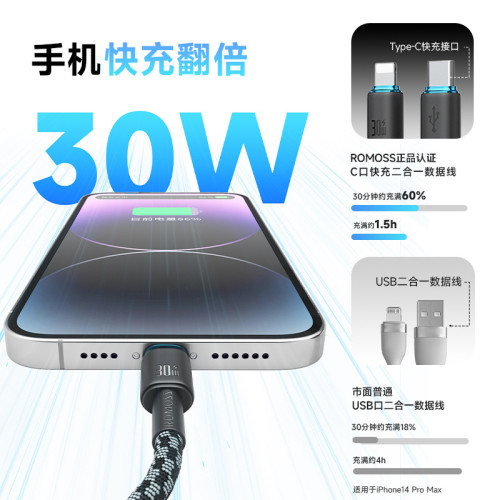 羅馬仕一拖二PD快充線適用於華爲蘋果8-16數據線筆電車用充電線