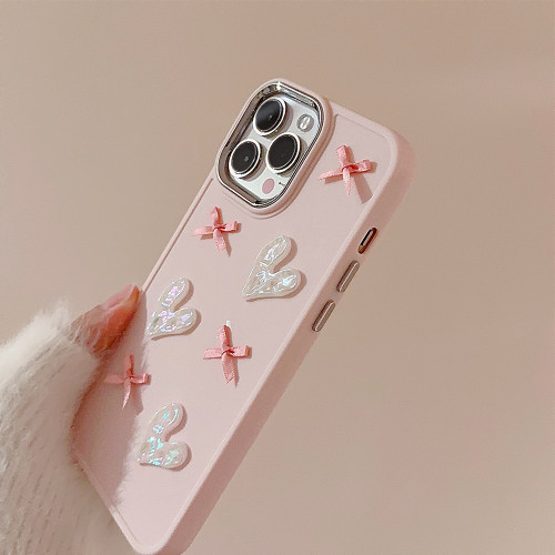 粉色愛心蝴蝶結16promax手機殼iphone15電鍍立體11適用蘋果13女14