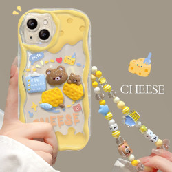 適用蘋果14promax手機殼iPhone13透明防摔12卡通起司立體公仔鏈條