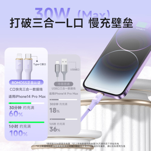 羅馬仕三合一數據線快充適用蘋果華爲手機一拖三typec車用充電線