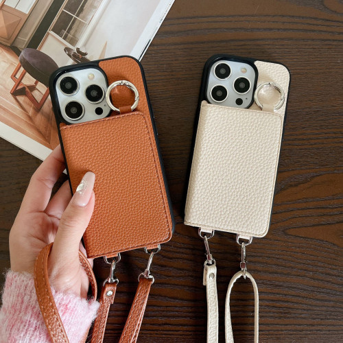 日韓卡包適用iPhone16手機殼蘋果15promax荔枝紋全包掛繩手機殼12