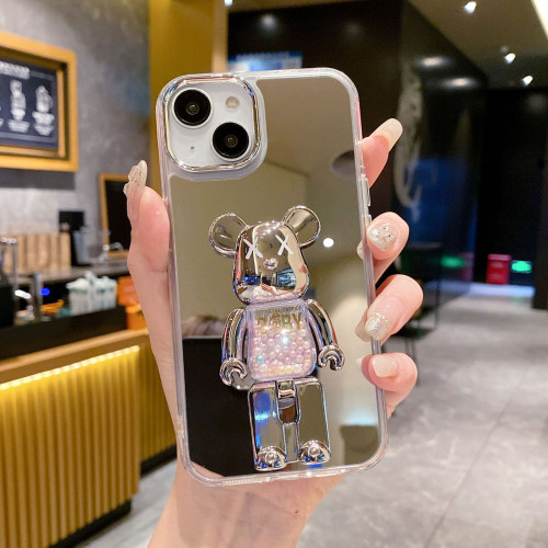 鏡面殼適用iPhone16PRO保護套白銀珠子蘋果12/XR暴力熊支架手機殼