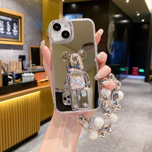 鏡面殼適用iPhone16PRO保護套白銀珠子蘋果12/XR暴力熊支架手機殼