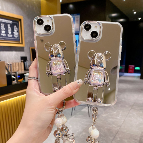 鏡面殼適用iPhone16PRO保護套白銀珠子蘋果12/XR暴力熊支架手機殼