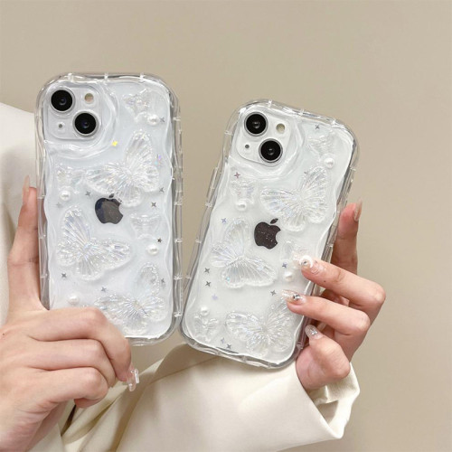 ins風透明手機殼適用iPhone15Promax珍珠蝴蝶蘋果17亮片波浪紋13