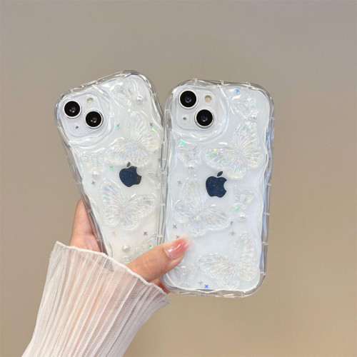 ins風透明手機殼適用iPhone15Promax珍珠蝴蝶蘋果17亮片波浪紋13