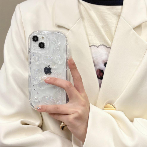 ins風透明手機殼適用iPhone15Promax珍珠蝴蝶蘋果17亮片波浪紋13