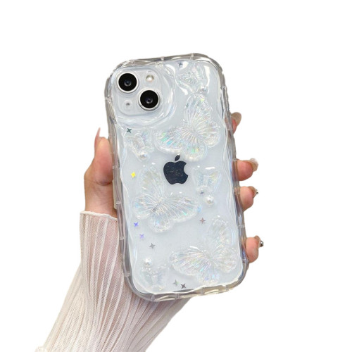 ins風透明手機殼適用iPhone15Promax珍珠蝴蝶蘋果17亮片波浪紋13