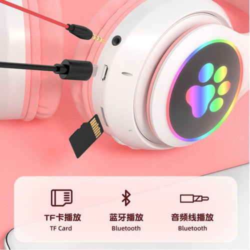 新款 STN-28貓爪貓耳朵頭戴式藍牙耳機LED發光插卡無線耳機