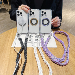 適用於蘋果15PROMAX手機殼14磁吸鑲鑽帶掛孔繩透明亞克力+tpu手機