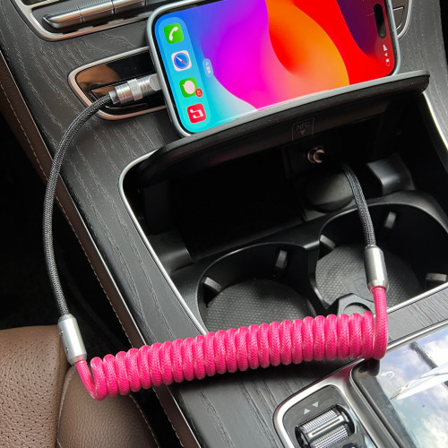車用撞色彈簧線PD100W適用於華爲蘋果15carplay29W快充數據充電線