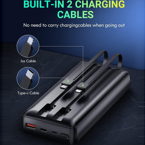 自帶線大容量充電寶數顯快充可攜式行動電源40000mAh PowerBank