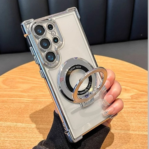 適用三星S25Edge手機殼電鍍磁吸支架S23Ultra四角氣囊S24透明新款