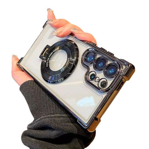 適用三星S25Edge手機殼電鍍磁吸支架S23Ultra四角氣囊S24透明新款