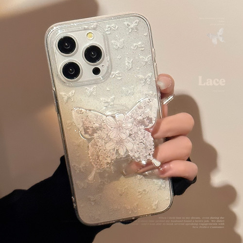 氣質ins白蝴蝶支架蘋果16手機殼15閃粉iphone17pro max適用11仙女
