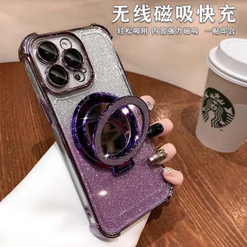 閃粉鏡子磁吸支架適用蘋果16promax手機殼ip15帶鏡頭膜四角防摔