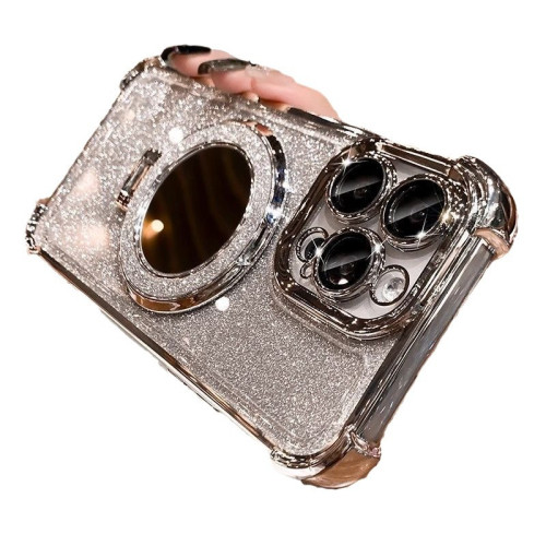 閃粉鏡子磁吸支架適用蘋果16promax手機殼ip15帶鏡頭膜四角防摔