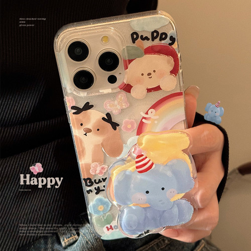 可愛塗鴉大象支架蘋果15手機殼16閃粉iphone14pro 適用原創12塗鴉