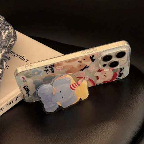 可愛塗鴉大象支架蘋果15手機殼16閃粉iphone14pro 適用原創12塗鴉
