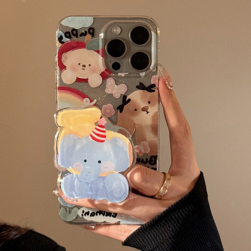 可愛塗鴉大象支架蘋果15手機殼16閃粉iphone14pro 適用原創12塗鴉