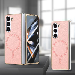 適用三星Galaxy Z Fold6荔枝紋電鍍邊框殼膜一體手機殼素皮保護套