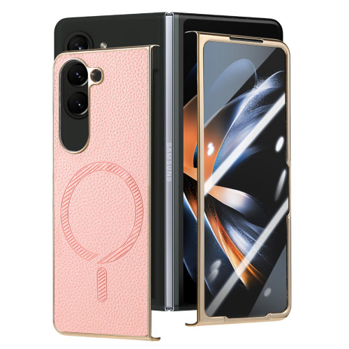 適用三星Galaxy Z Fold6荔枝紋電鍍邊框殼膜一體手機殼素皮保護套