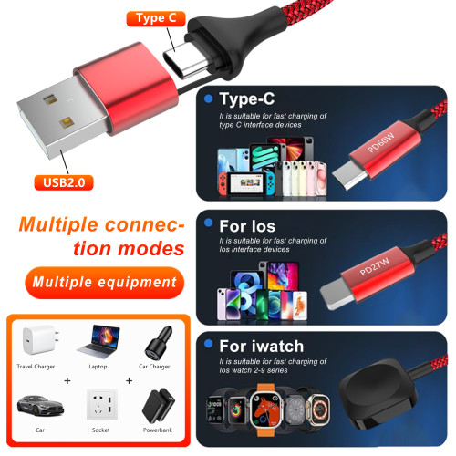 二拖三尼龍編織PD快充數據線磁吸手錶無線充電快充適用於平果快充