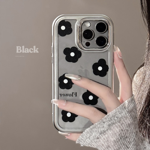 黑色花朵iPhone15蘋果手機殼14亞克力13電鍍適用16promax韓風簡約