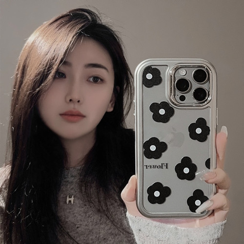 黑色花朵iPhone15蘋果手機殼14亞克力13電鍍適用16promax韓風簡約