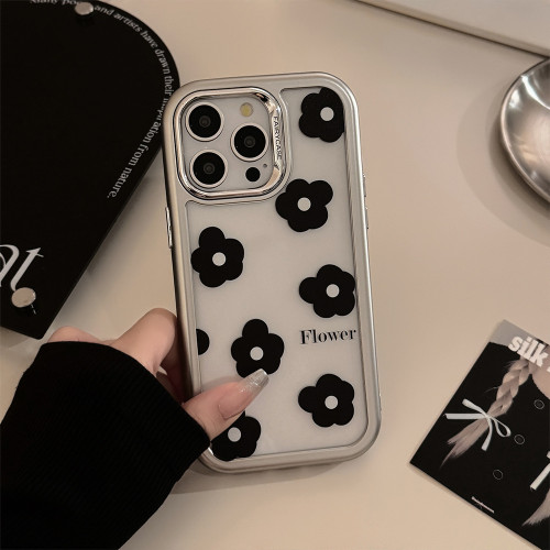 黑色花朵iPhone15蘋果手機殼14亞克力13電鍍適用16promax韓風簡約