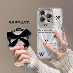 蝴蝶結磁吸支架適用蘋果15PRO手機殼14/13羽紗鏡頭膜12輕奢11防摔