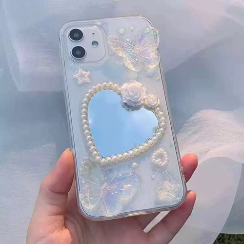 高級補妝蝴蝶愛心鏡適用iphone15Promax14Pro手機殼13Promax全包