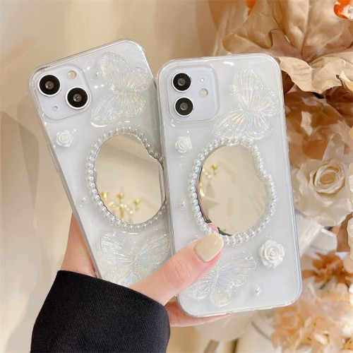 高級補妝蝴蝶愛心鏡適用iphone15Promax14Pro手機殼13Promax全包