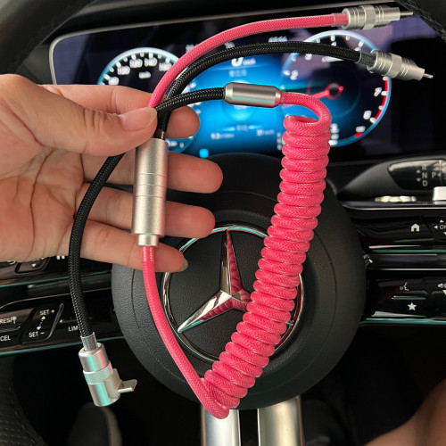 適用理想特斯拉ModelY/3漁網編織線彎頭車用一拖二手機數據充電線