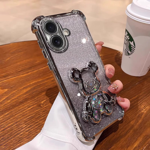 適用iPhone16手機殼四角防摔蘋果15PM電鍍矽膠軟殼散粉立體流沙熊 適用iPhone16手機殼四角防摔蘋果15PM電鍍矽膠軟殼散粉立體流沙熊