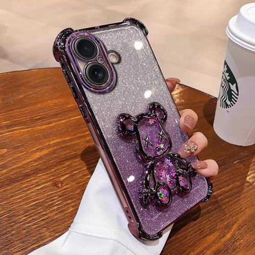 適用iPhone16手機殼四角防摔蘋果15PM電鍍矽膠軟殼散粉立體流沙熊 適用iPhone16手機殼四角防摔蘋果15PM電鍍矽膠軟殼散粉立體流沙熊