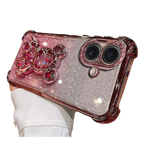 適用iPhone16手機殼四角防摔蘋果15PM電鍍矽膠軟殼散粉立體流沙熊 適用iPhone16手機殼四角防摔蘋果15PM電鍍矽膠軟殼散粉立體流沙熊