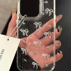 滴膠閃粉珍珠蝴蝶結iphone15手機殼適用蘋果16promax保護套銀框