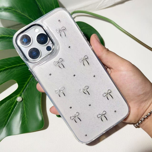 滴膠閃粉珍珠蝴蝶結iphone15手機殼適用蘋果16promax保護套銀框