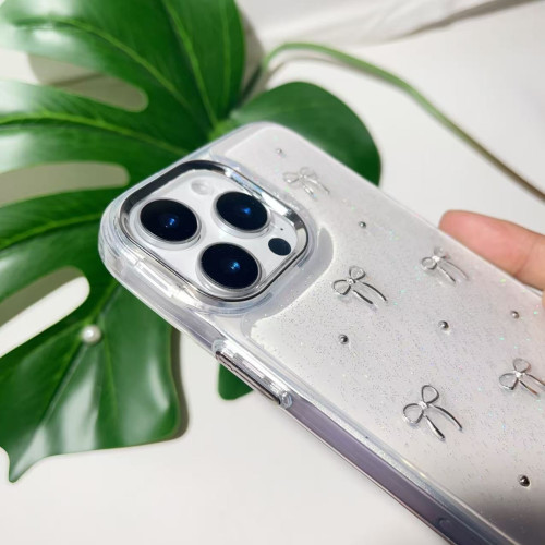滴膠閃粉珍珠蝴蝶結iphone15手機殼適用蘋果16promax保護套銀框